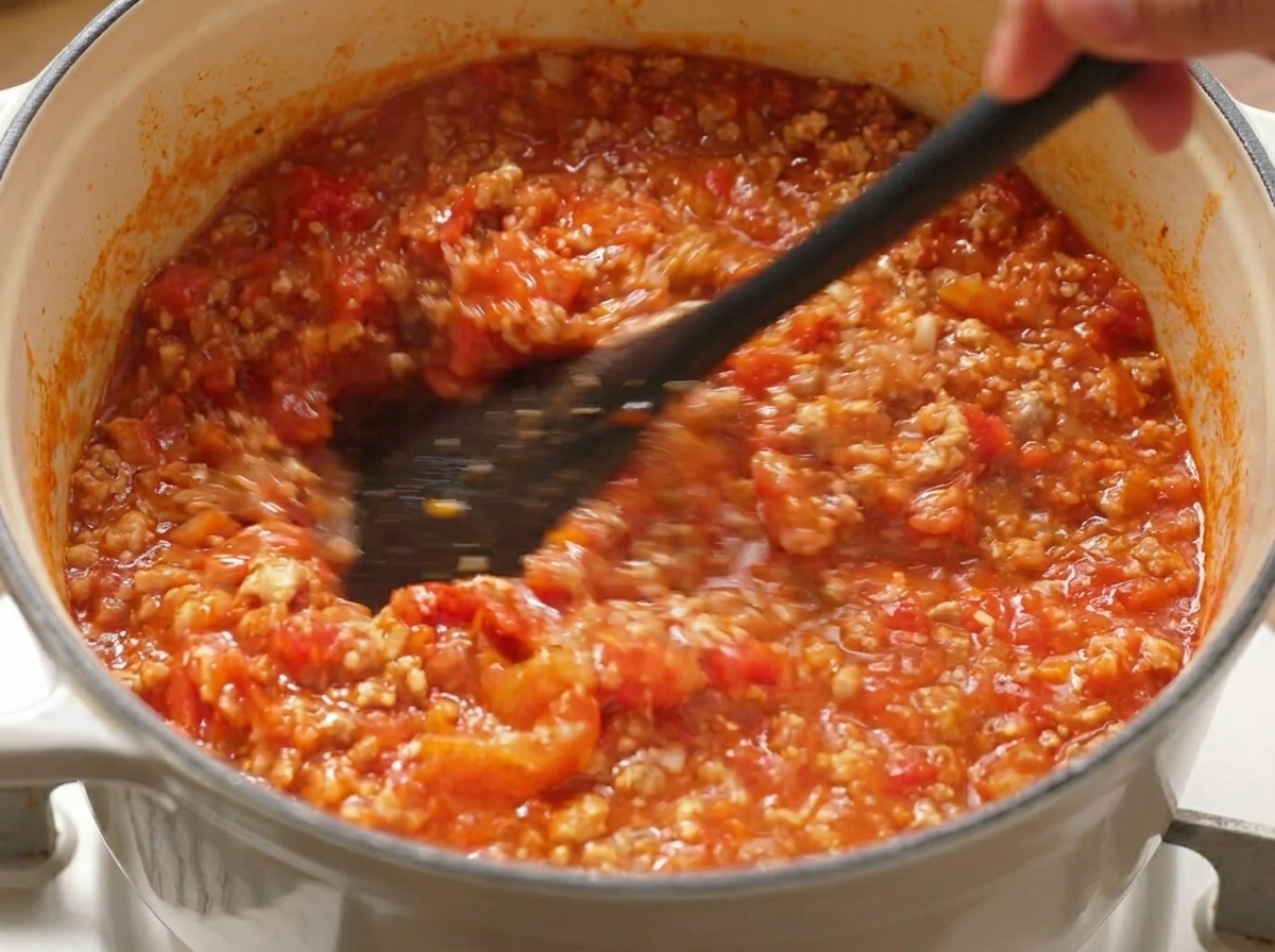 Spatel beim Vermengen von Tomaten, Gemüse und Fleisch in einem Topf.