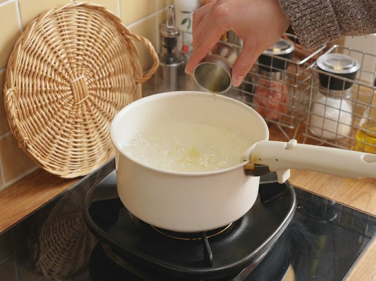 Öl wird in einen Topf mit kochendem Wasser gegeben.