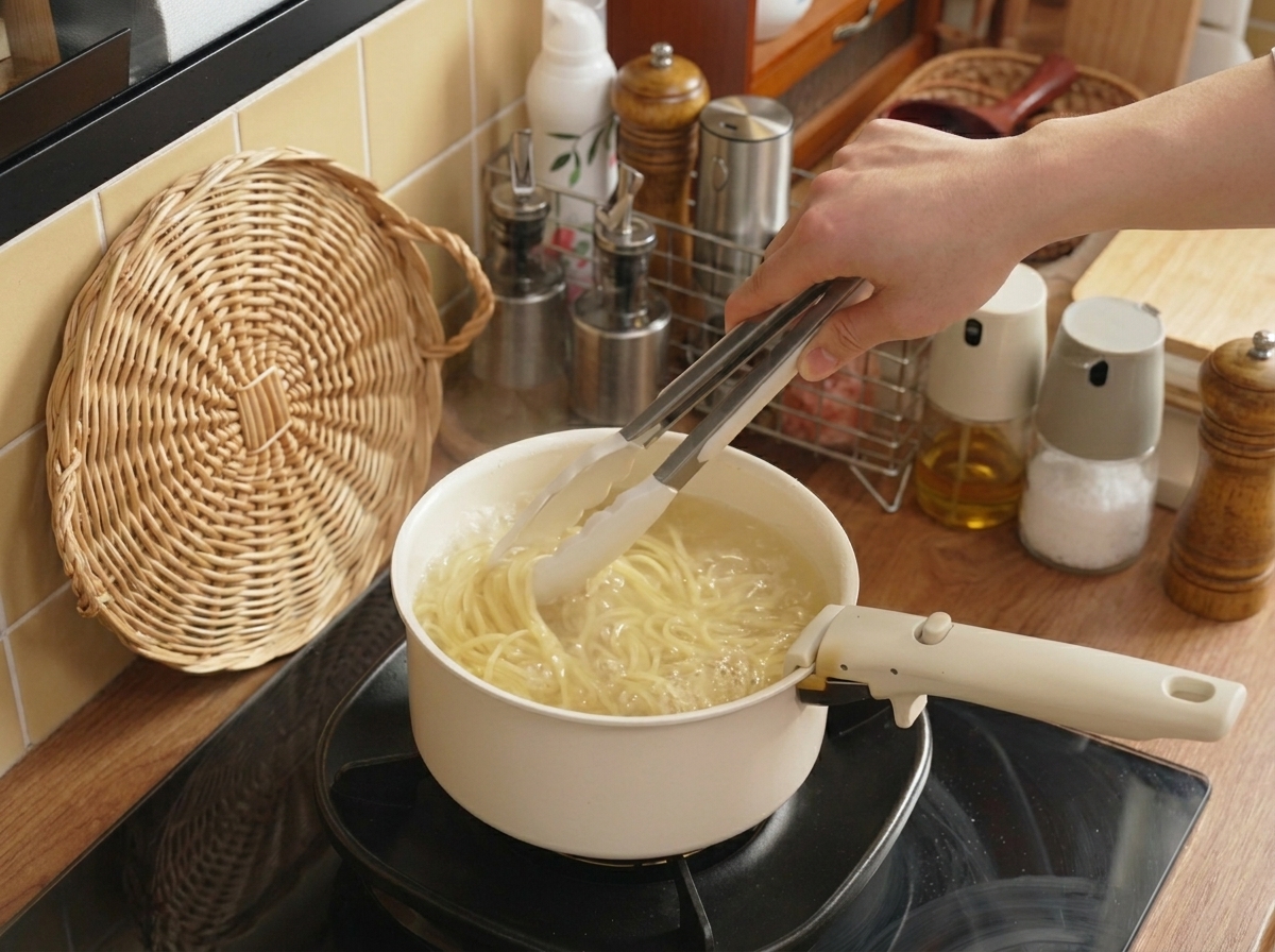 Metallzange beim Rühren und Untertauchen der Spaghetti im kochenden Wasser.