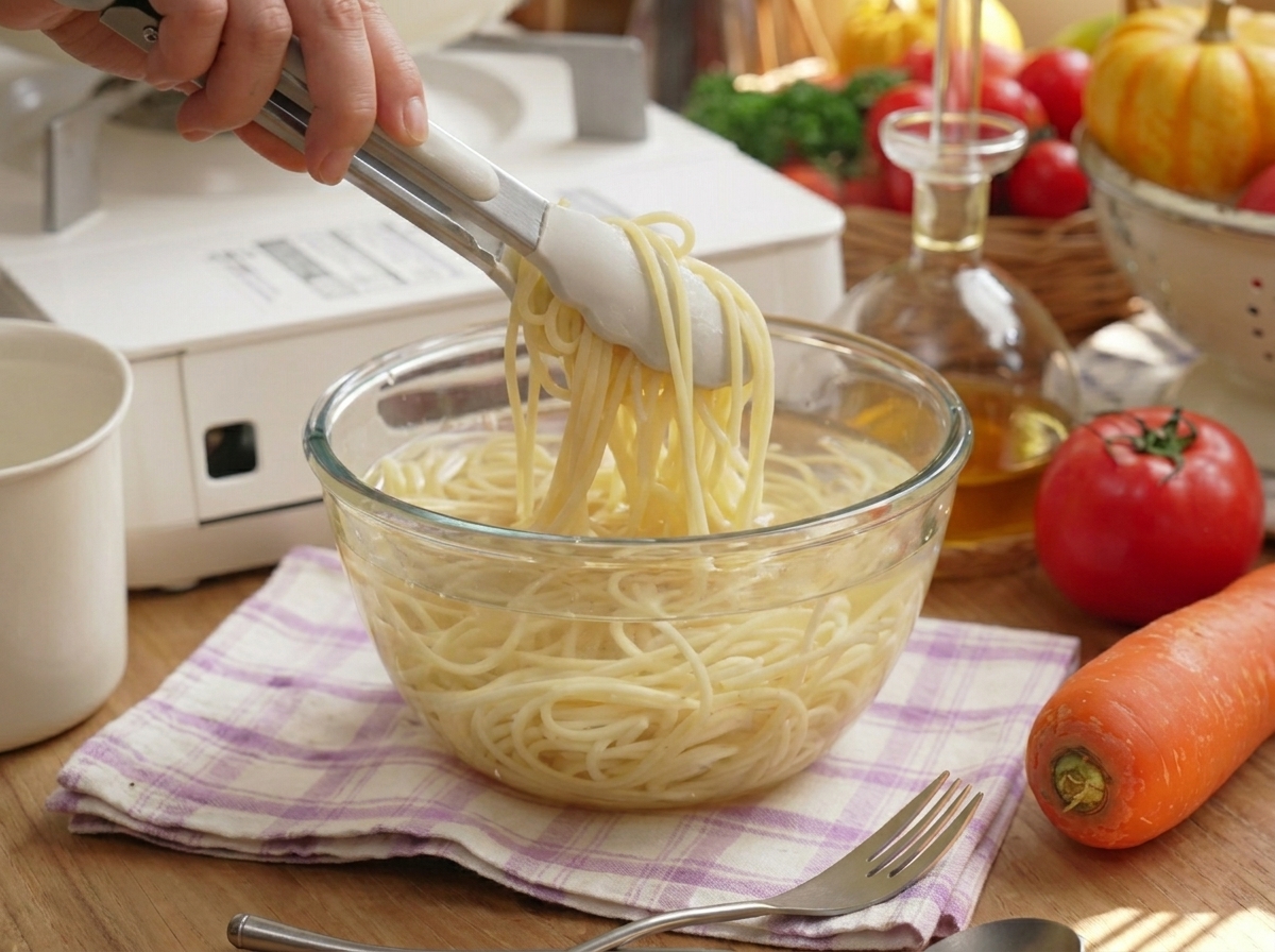 Gekochte Spaghetti werden mit einer Zange in eine Schüssel mit kaltem Wasser gegeben.