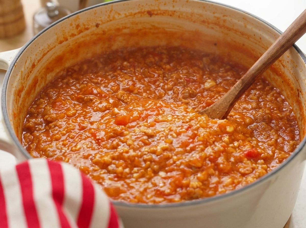 Eine dunkle, dicke Tomaten-Fleisch-Sauce im Topf wird mit einem Holzlöffel gerührt.
