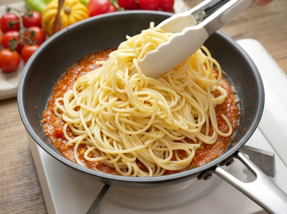 Zange gibt gekochte Spaghetti in eine Pfanne mit erhitzter Fleischsauce.