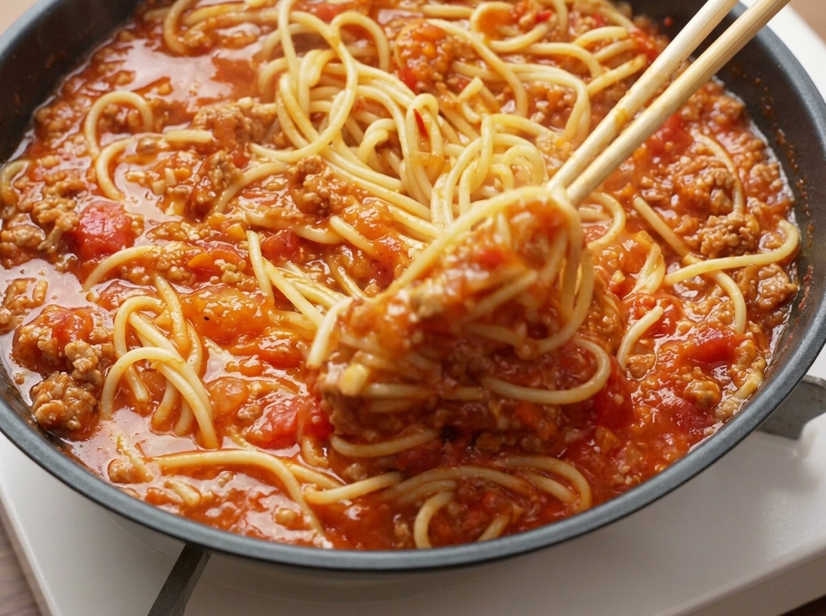 Spaghetti werden mit Fleischsauce in der Pfanne mit Stäbchen vermengt.