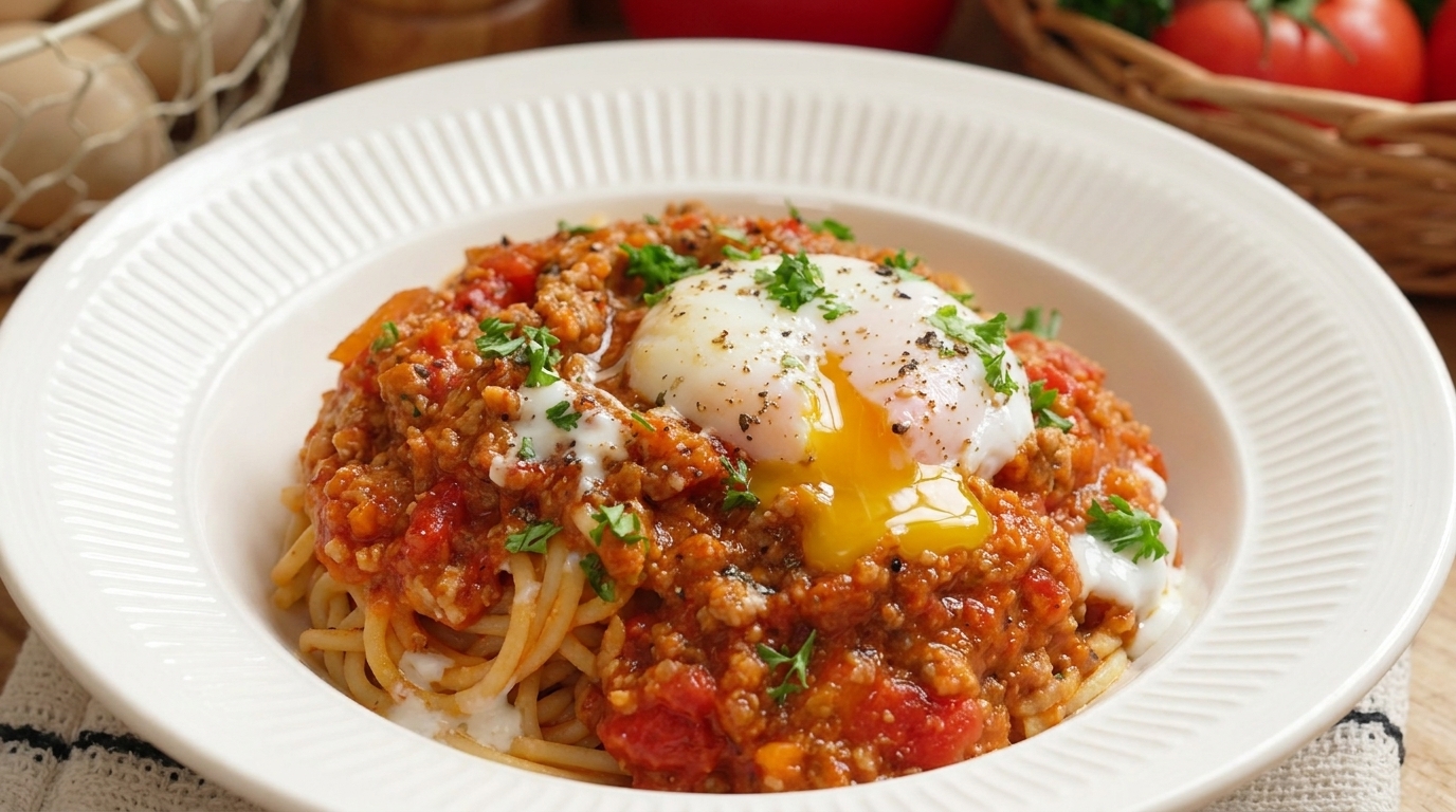 Tomaten-Hackfleisch-Pasta mit Onsen-Ei