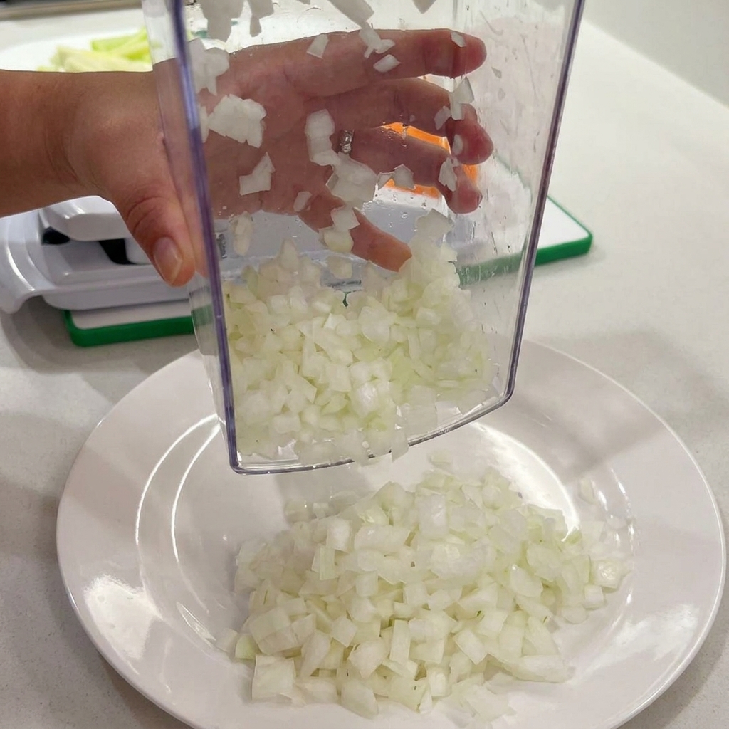 Eine Hand, die mit einem durchsichtigen Gemüseschneider weiße Zwiebeln auf einen Teller gibt.