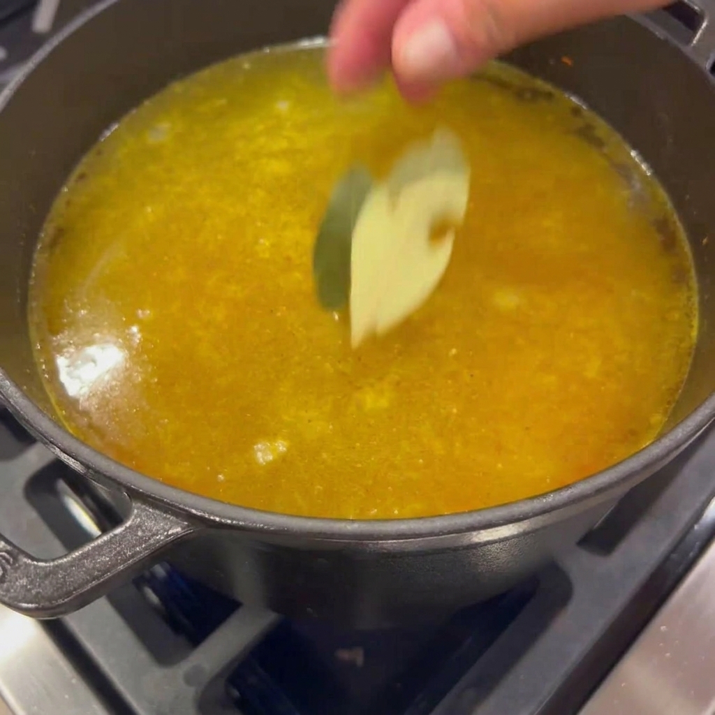 Zwei getrocknete Lorbeerblätter werden in die köchelnde goldene Brühe gegeben.