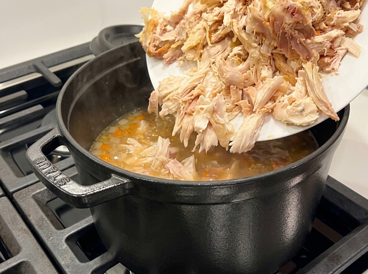 Zerzupftes Hähnchenfleisch wird von einem weißen Teller in die köchelnde Suppe gegeben.
