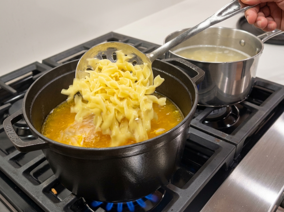 Gekochte Eiernudeln werden mit einem Schaumlöffel in die köchelnde Suppe gehoben.