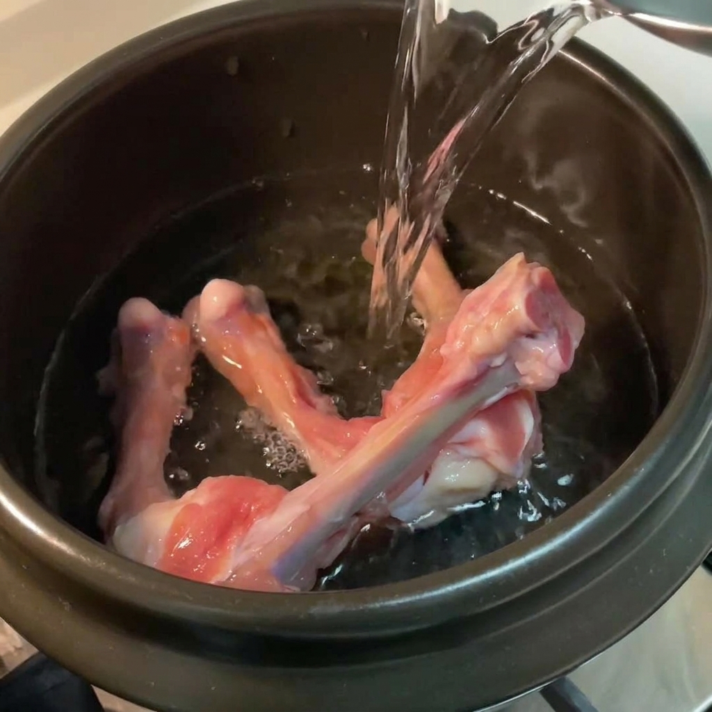 Klares Wasser wird in einen schwarzen Steintopf mit rohen Hähnchenknochen gegossen.