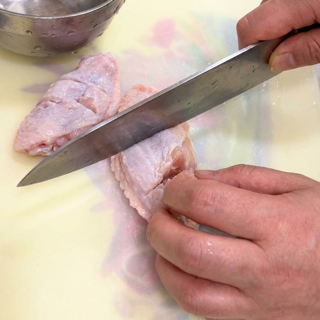 Nahaufnahme eines Messers, das die Haut roher Hühnerflügel auf einem Schneidebrett einritzt.