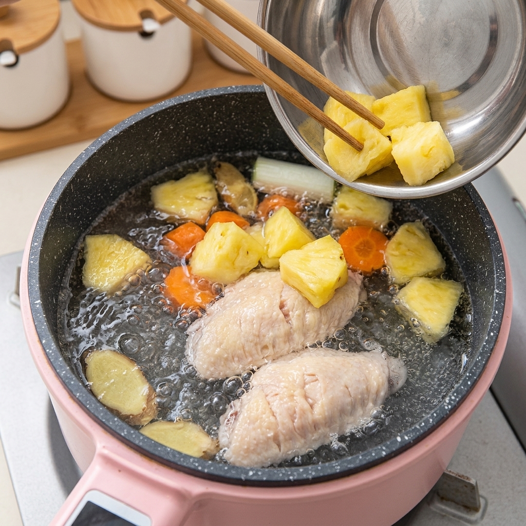 Gewürfelte Karotten und Kartoffeln werden in den Topf mit den Hühnerflügeln und der Brühe gegeben.