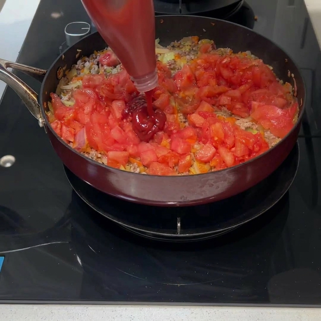 Rotes Tomatenmark wird aus einer Tube in die Pfanne mit den Tomaten, Fleisch und Gemüse gedrückt.