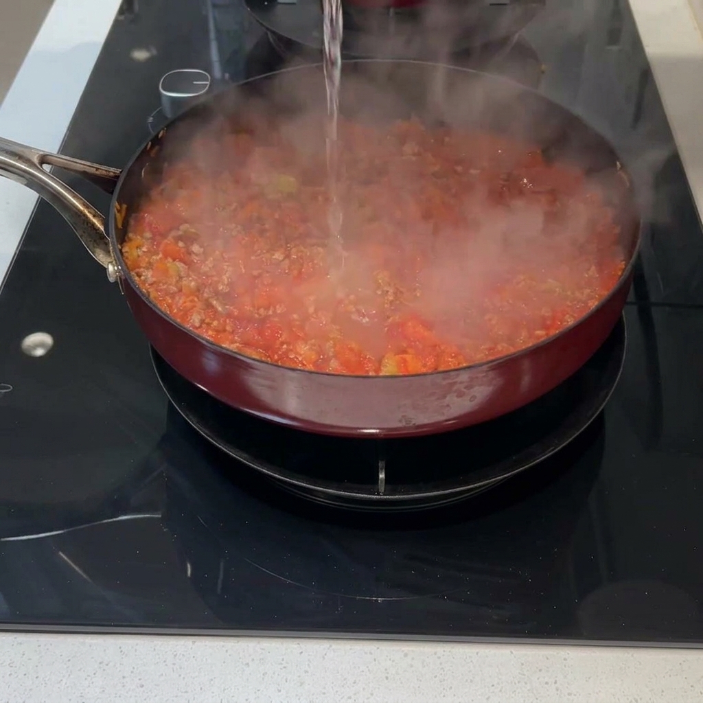 Klares Wasser wird in die Pfanne gegossen, um Fleisch, Gemüse und Tomaten zu bedecken.