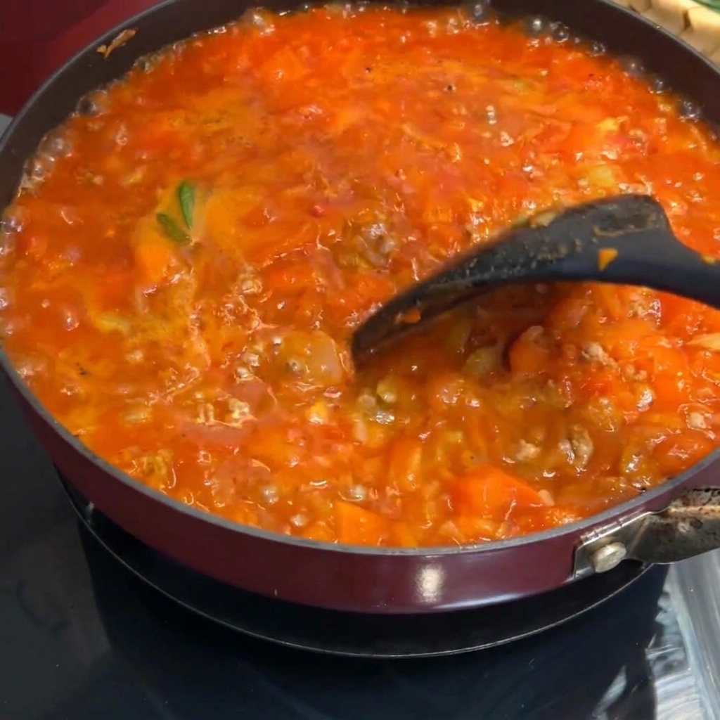 Eine dicke, blubbernde rote Fleischsauce wird in einer Pfanne mit einem Pfannenwender gerührt.