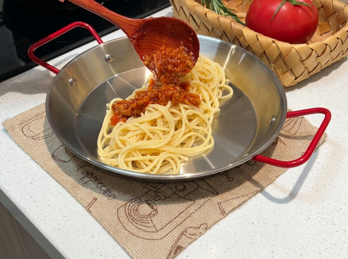 Eine Portion gekochte Spaghetti in einer Pfanne, über die dicke, herzhafte Fleischsauce gegeben wird.