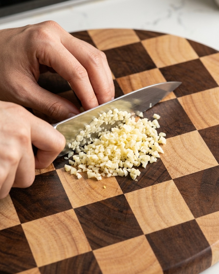 Ein Häufchen fein gehackter frischer Knoblauch auf einem Schneidebrett.