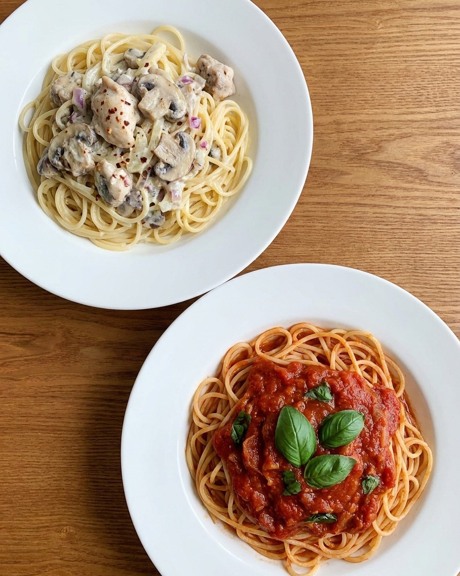 Gekochte Spaghetti werden mit einer Zange in die Sauce gehoben.