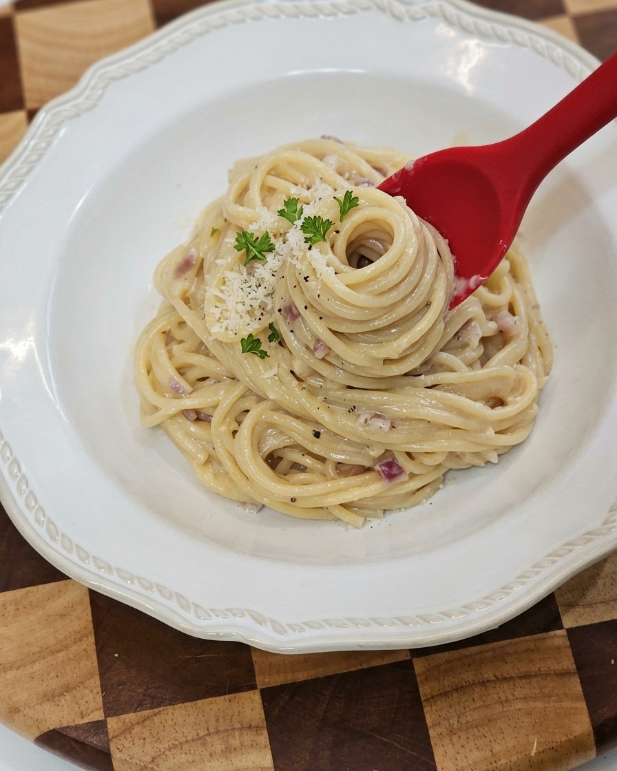 Cremige Pasta wird mit einer Zange in eine Servierschale gedreht.