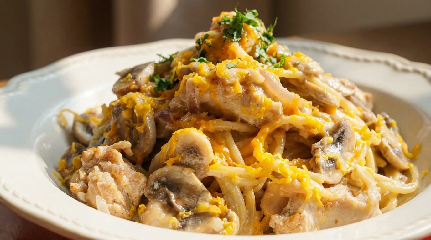 Cremige Knoblauch-Hähnchen-Pilz-Pasta