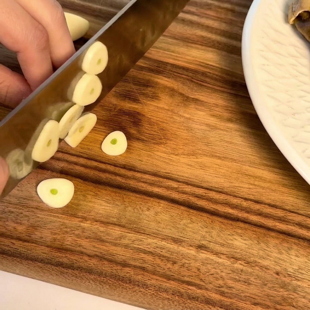 Frische Knoblauchzehen werden in feine Scheiben geschnitten.