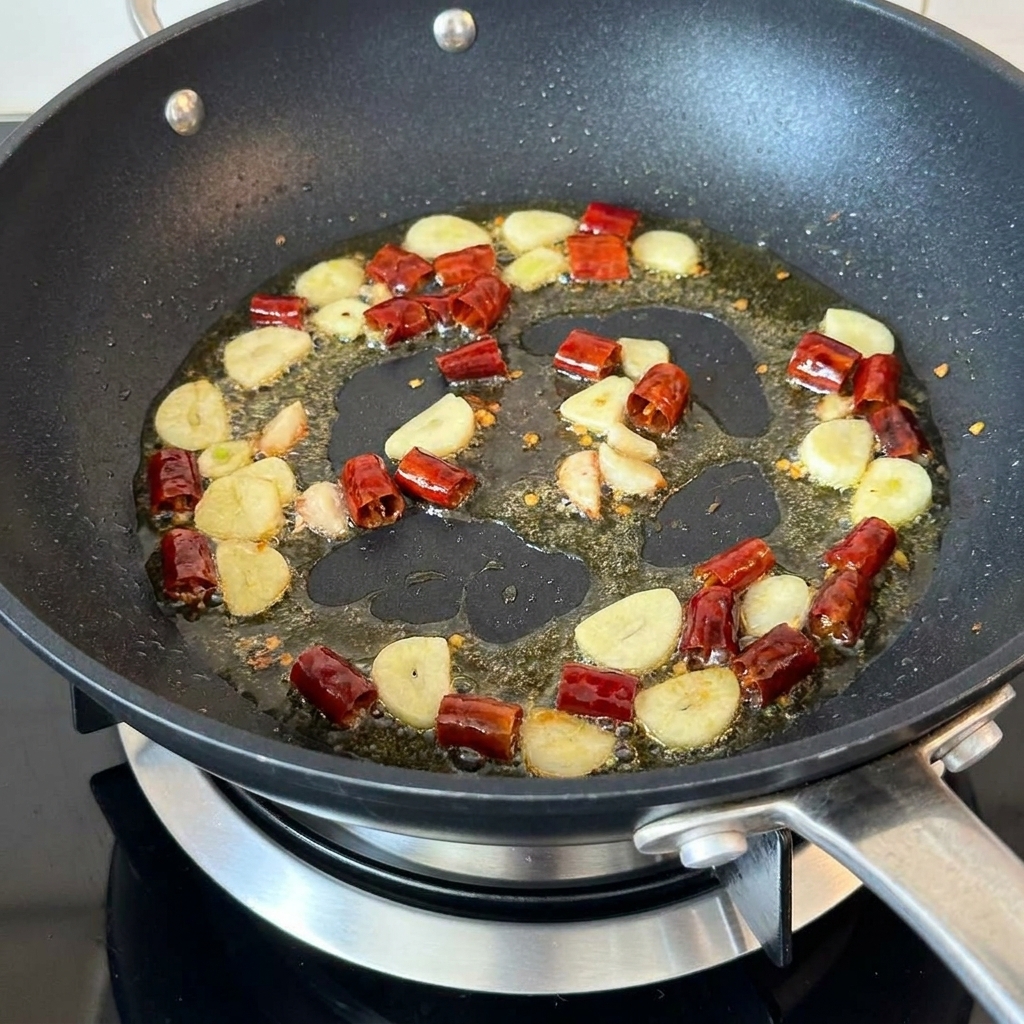 Pilze werden zusammen mit Knoblauch und Chilis in einer Pfanne angebraten.