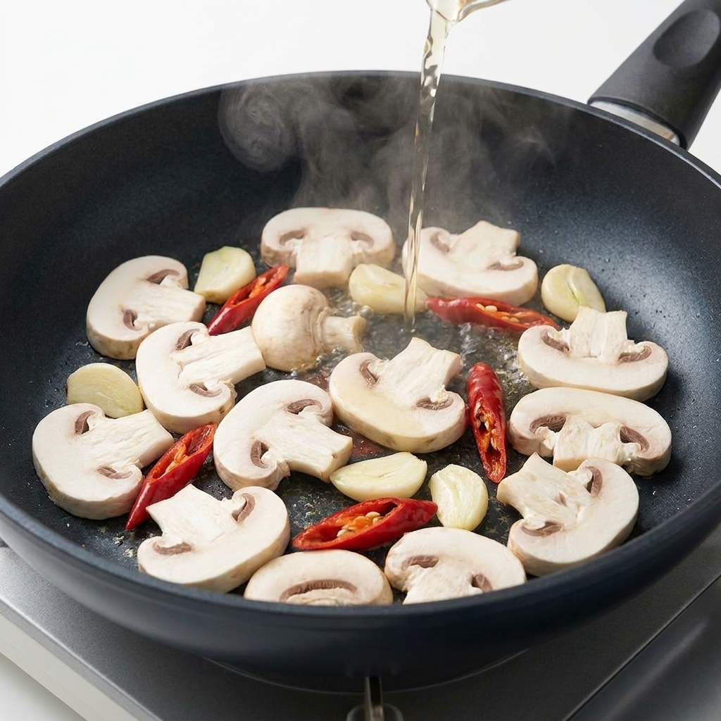 Weißwein wird in die Pfanne zu den Pilzen, dem Knoblauch und den Chilis gegossen.