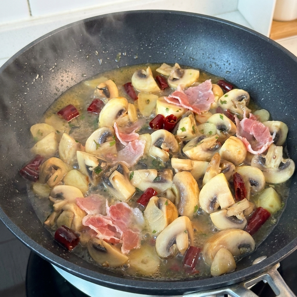 Stücke von luftgetrocknetem Schinken liegen in der Pfanne bei den Pilzen und der Sauce.