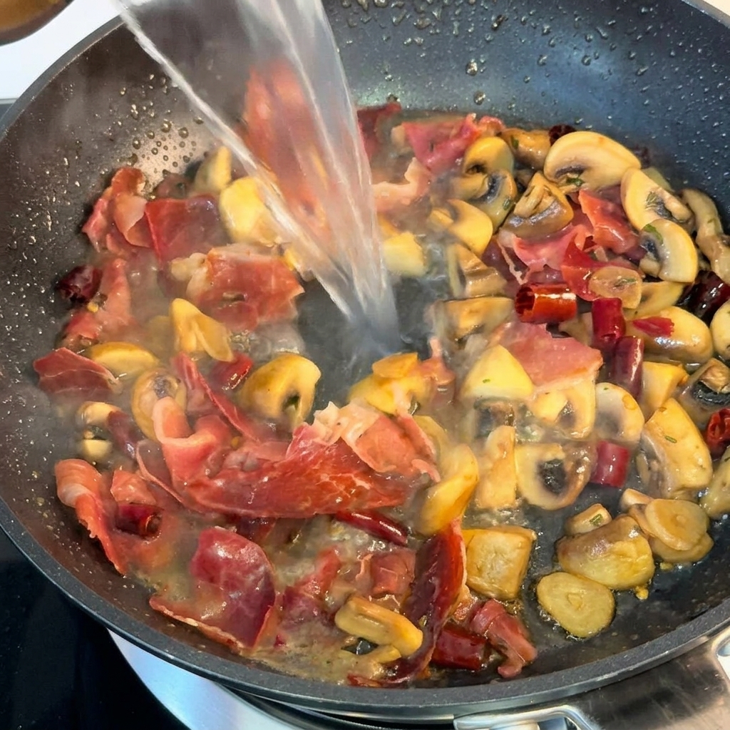 Stärkehaltiges Pastawasser wird in die Pfanne mit der Sauce gegeben.