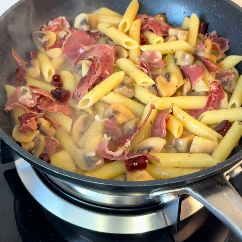 Die fertige Pasta in der Pfanne wird mit gehackten Frühlingszwiebeln bestreut.