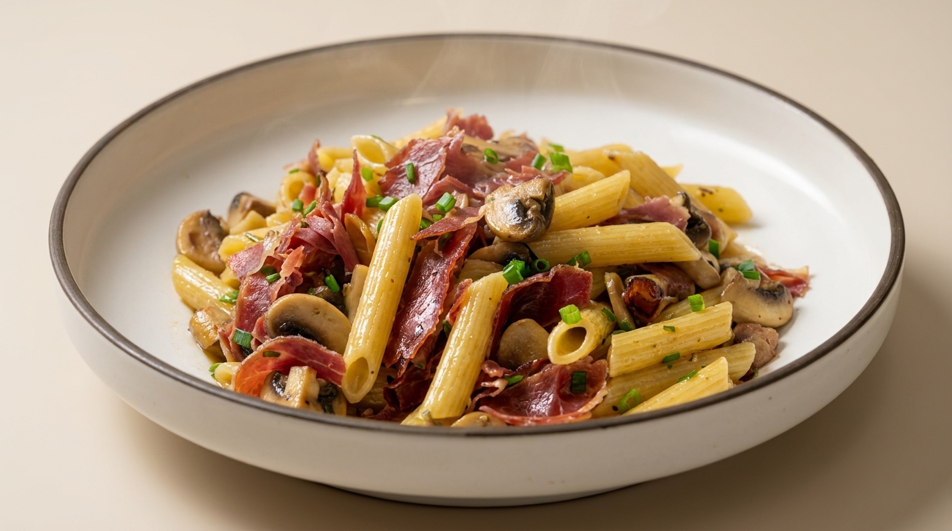 Ein Teller Penne mit gebratenen Pilzen und Schinken, garniert mit frischen Frühlingszwiebeln.