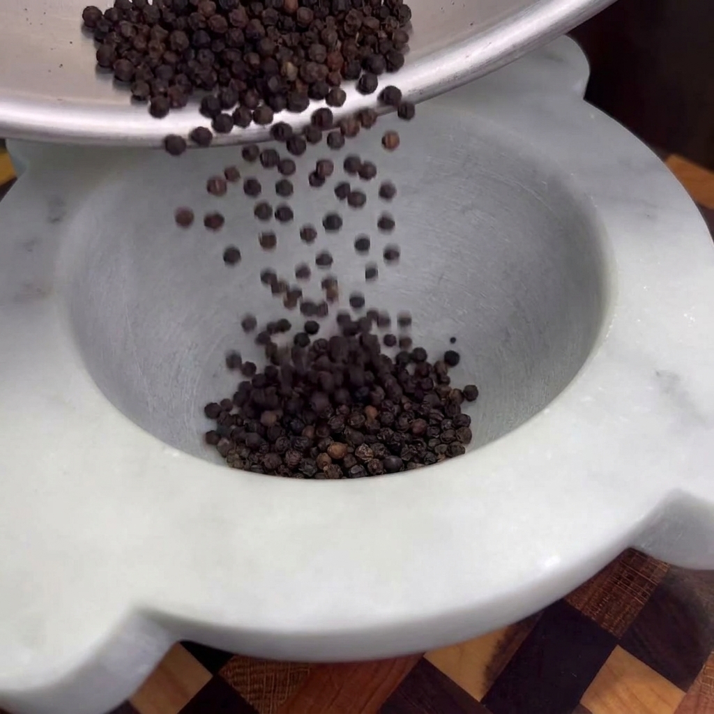 Ein Mörser mit Stößel, in dem gerösteter schwarzer Pfeffer grob zerstoßen wird.
