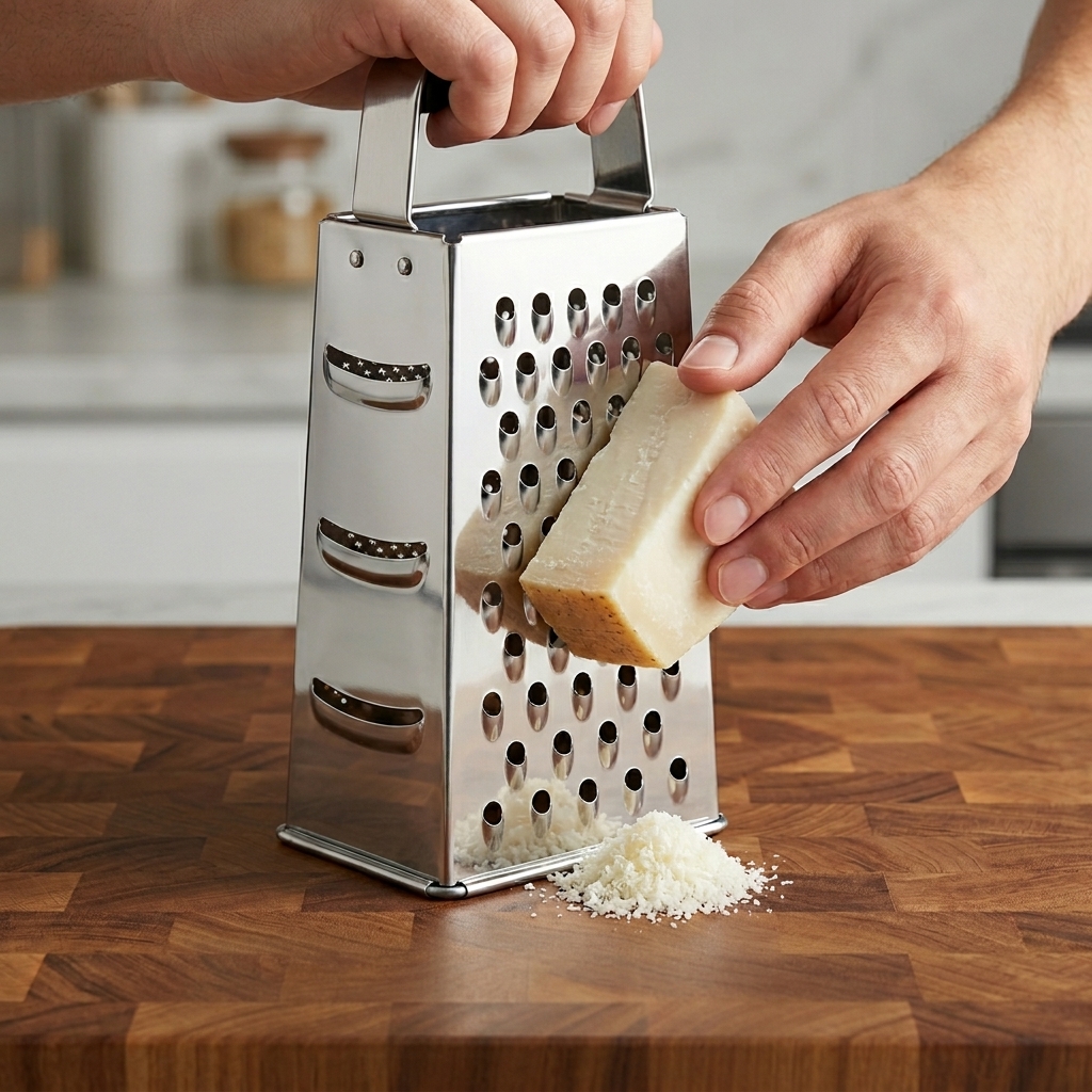 Ein Stück Pecorino Romano wird auf einer Küchenreibe fein gerieben.