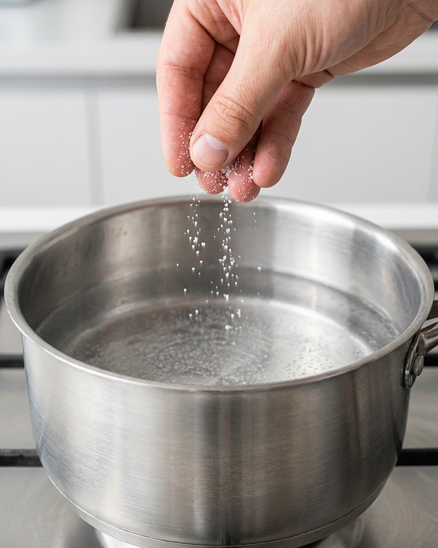 Lange Spaghetti werden in einen großen Topf mit kochendem Wasser gegeben.