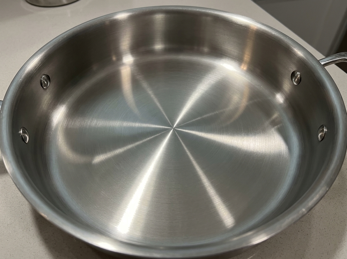 Eine Edelstahlpfanne mit köchelndem Pfefferwasser und etwas Kochflüssigkeit.