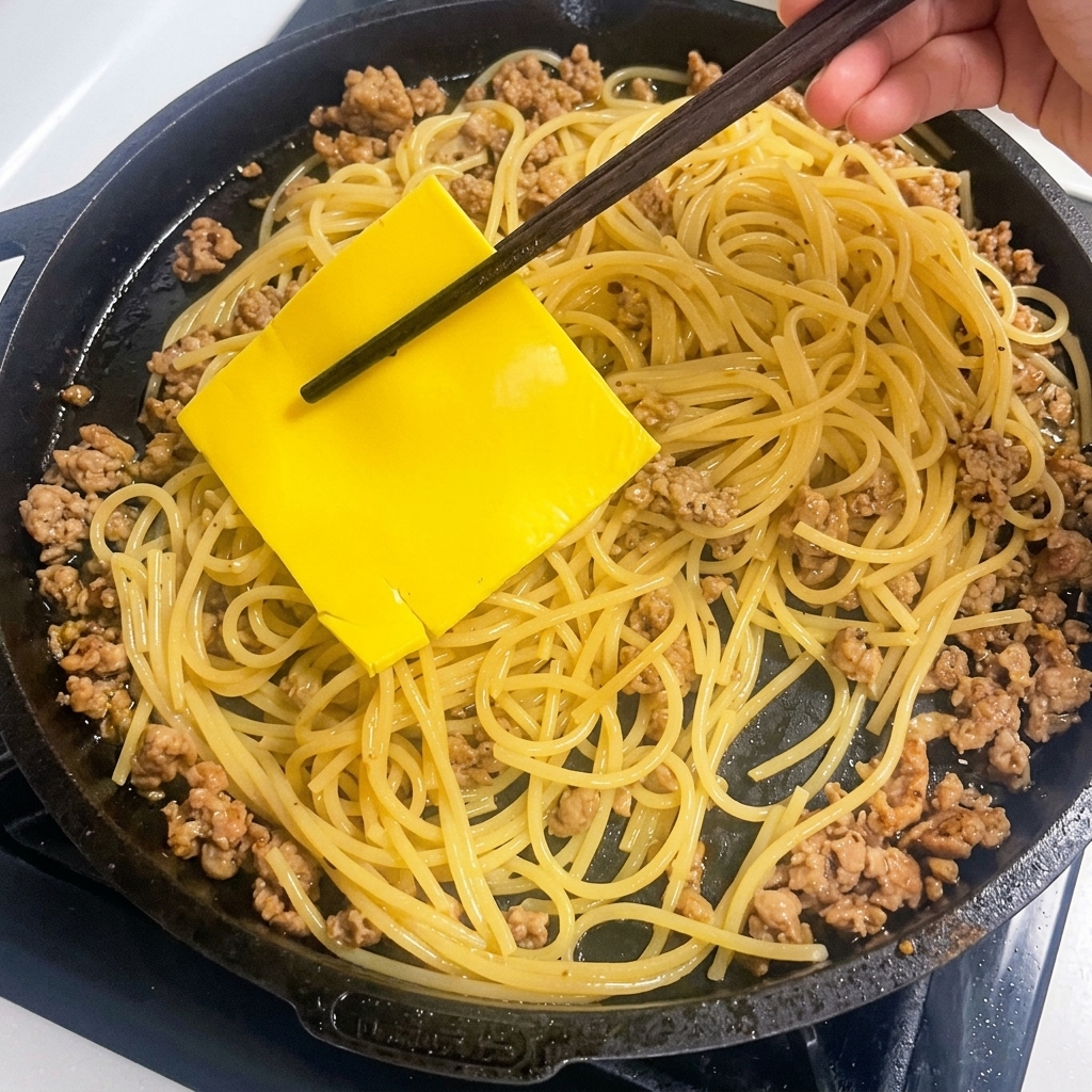 Eine Scheibe gelber Käse wird auf die heiße Pasta in einer Pfanne gelegt.