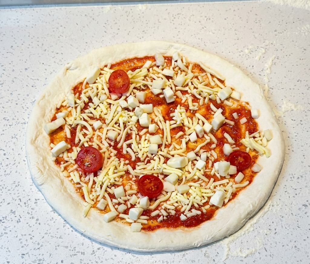 Ungebackene Pizza, belegt mit Tomatensoße, geriebenem Käse und verstreuten Kirschtomatenhälften.