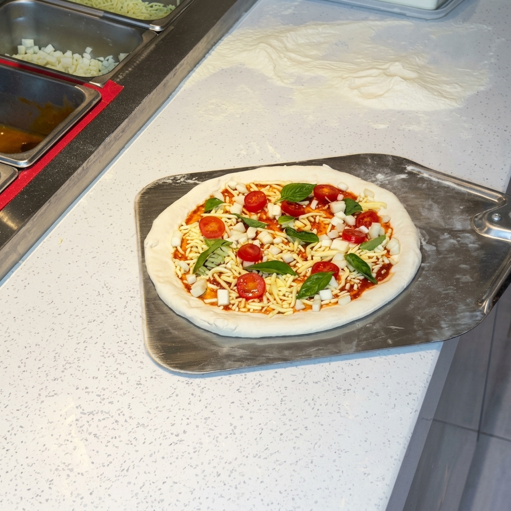 Eine belegte Margherita-Pizza auf einem metallenen Pizzaschieber, bereit für den Ofen.