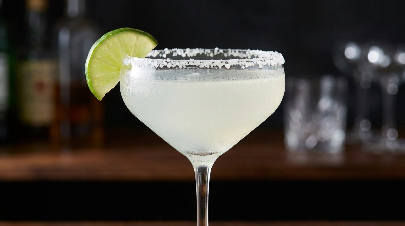 Ein klassischer Margarita-Cocktail in einem gekühlten Coupé-Glas mit Salzrand und einem frischen Limettenschnitz.