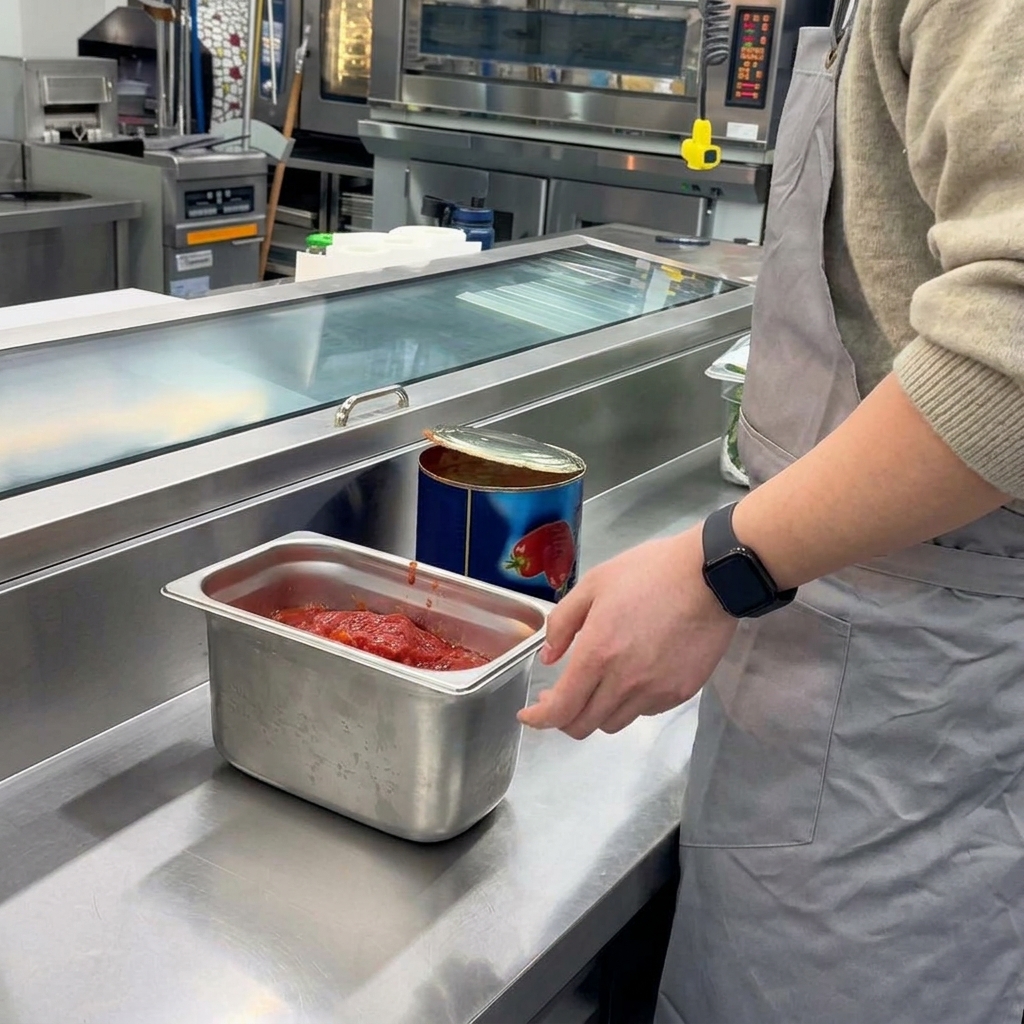 Salz wird mit der Hand in einen Edelstahlbehälter mit Tomaten gestreut.