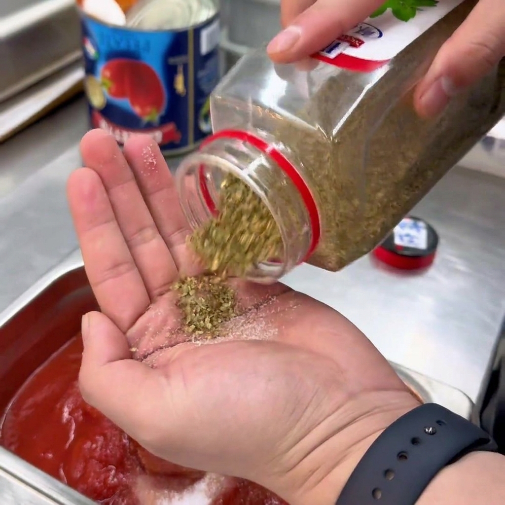 Getrockneter Oregano wird aus einer Handfläche in einen Metallbehälter mit Tomatensauce gestreut.