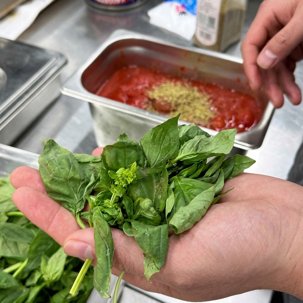 Frische grüne Basilikumblätter werden in einen Behälter mit gewürzter Tomatensauce gelegt.