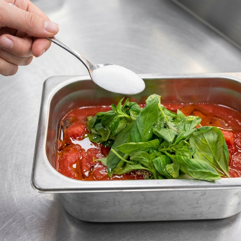 Ein Teelöffel weißer Zucker wird in einen Behälter mit Tomatensauce gegeben.