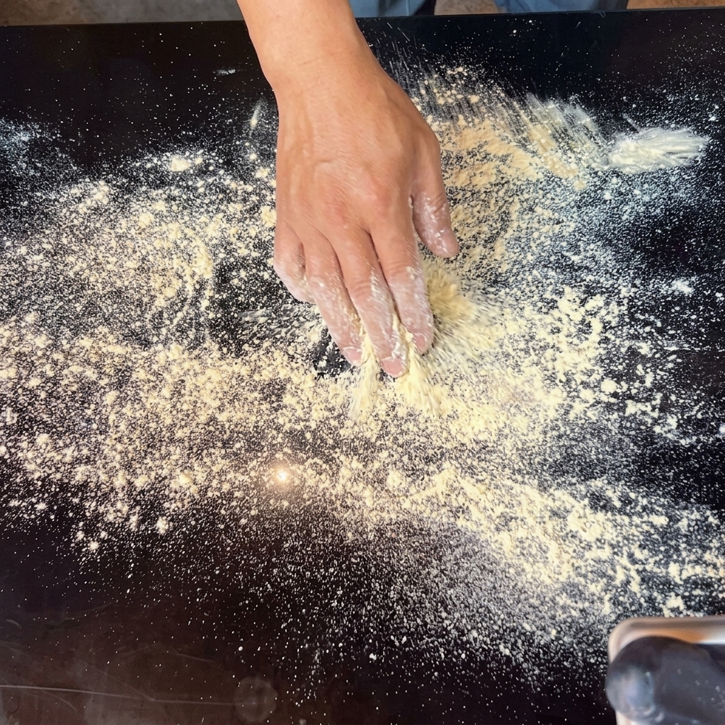Hände, die eine rohe Pizzateigkugel auf einer bemehlten Arbeitsfläche zu einem flachen Fladen dehnen.