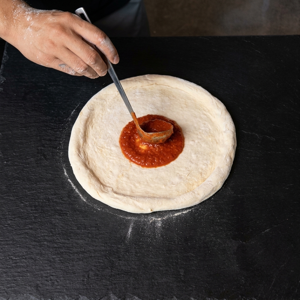 Ein Löffel, der rote Tomaten-Pizzasauce auf dem ausgerollten rohen Pizzateig verstreicht.