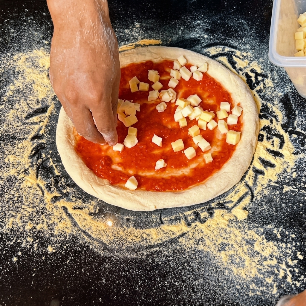 Kleine Mozzarellawürfel, die über die Tomatensauce auf der Pizza gestreut werden.