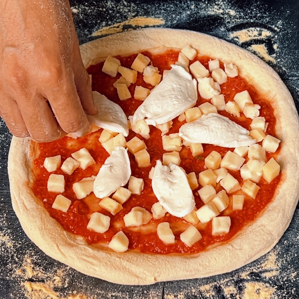 Stücke von Büffelmozzarella und frische grüne Basilikumblätter, die auf die Pizza gelegt werden.