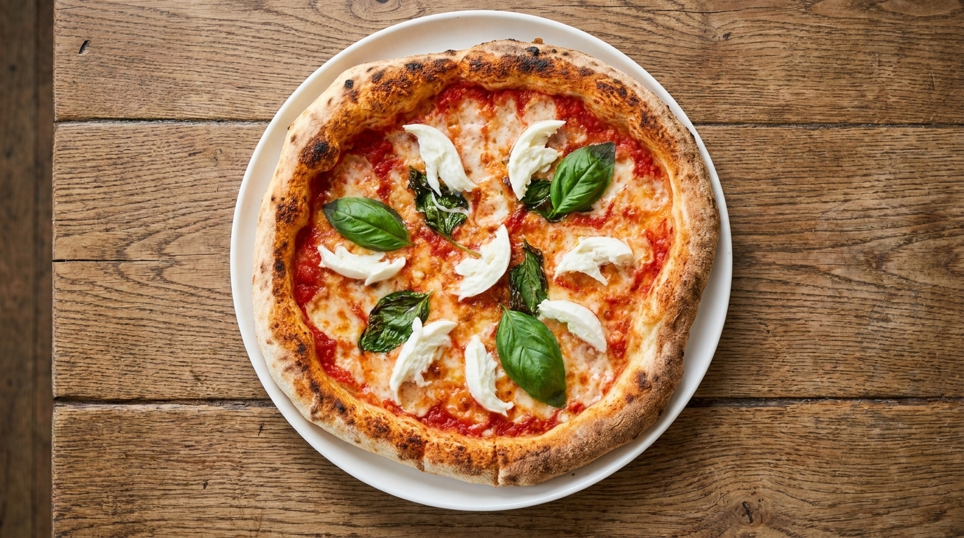 Eine frisch gebackene Pizza Margherita mit geschmolzenem Mozzarella, Stücken von Büffelmozzarella und frischem Basilikum auf einem knusprigen Teig.
