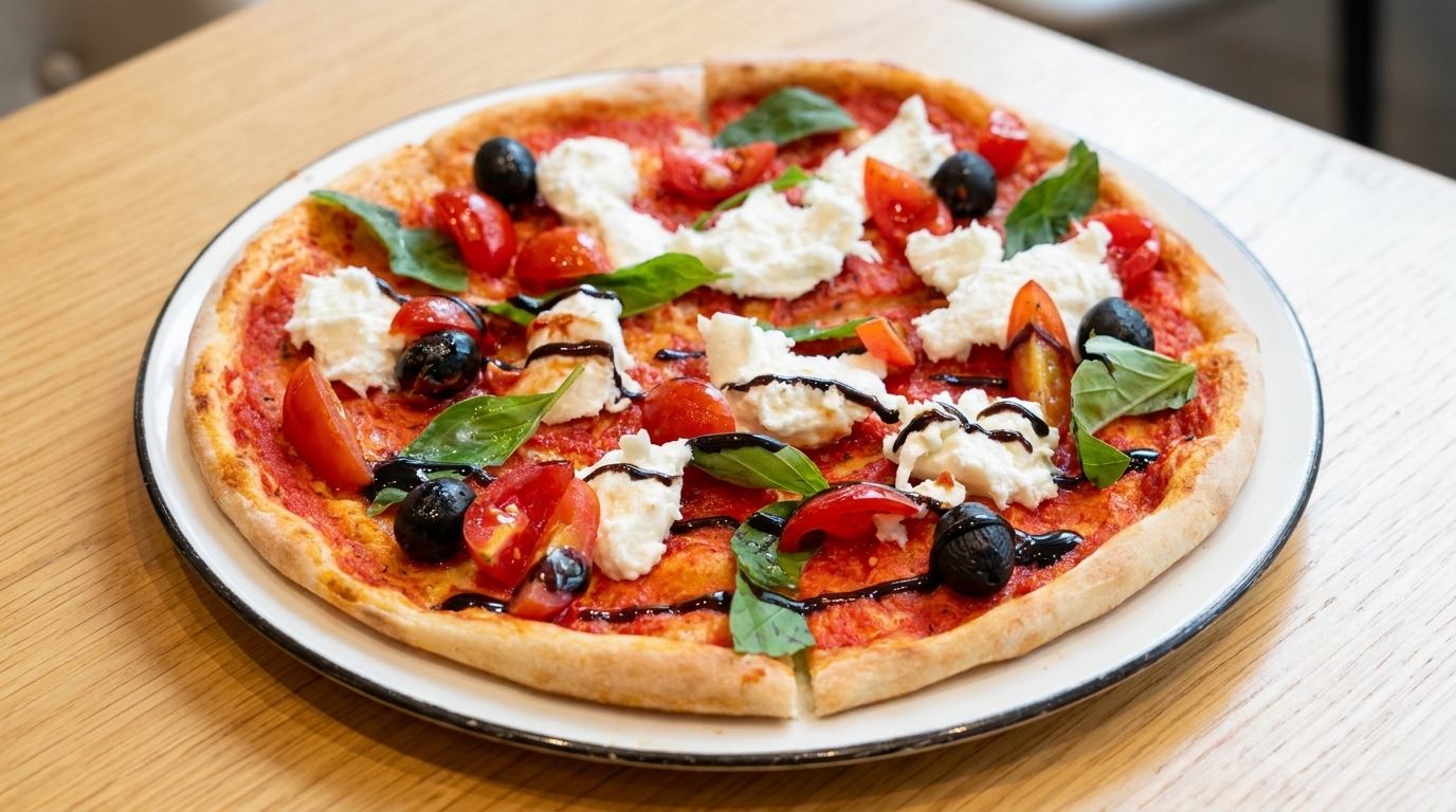 Artisane Büffelmozzarella-Pizza mit Balsamico-Glasur