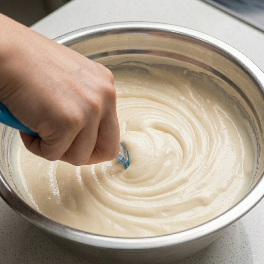 Kondensmilch und Mayonnaise werden mit einem Silikonpinsel in einem kleinen Gefäß verrührt.