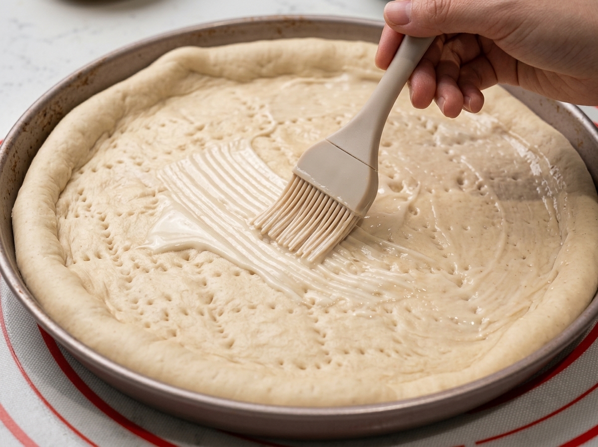 Ein Silikonpinsel verteilt die cremige weiße Sauce auf dem vorbereiteten Pizzateig.